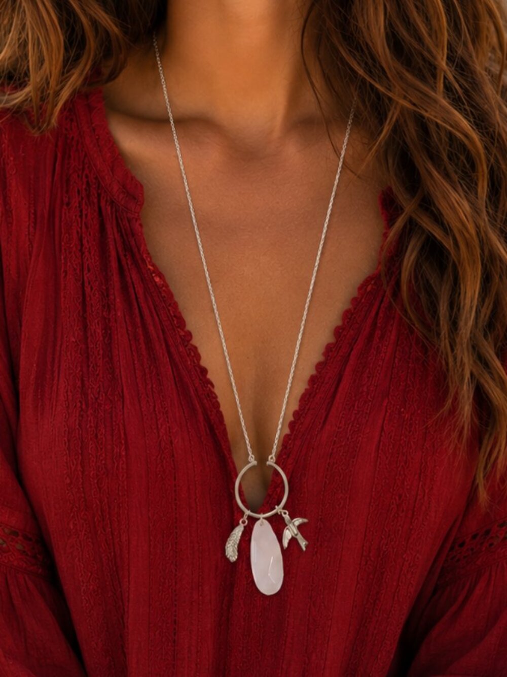 New Avon tokens of summer natural stone necklace Rose quartz 28" to 31"
